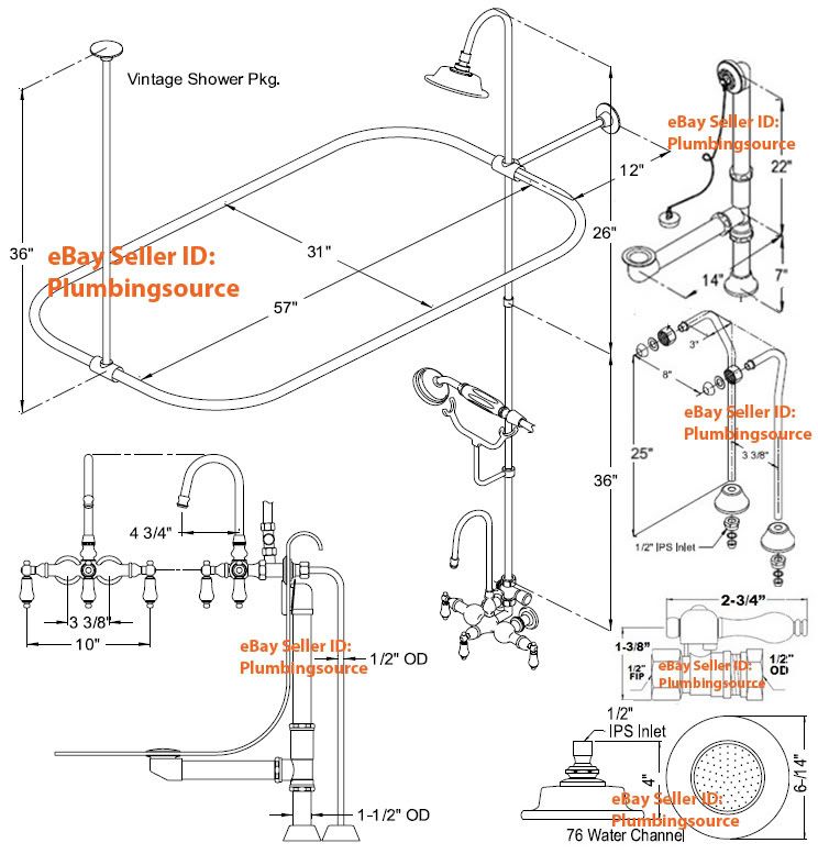 Tub Mount Clawfoot Tub Faucet, w.Shower Riser Enclosure Kits 