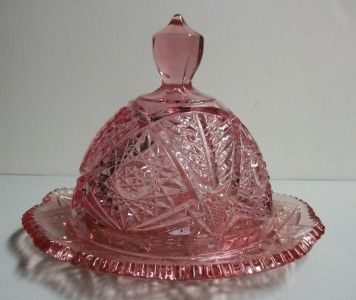 Dalzell Viking Glass Pink Round Covered Butter Dish Hand Made  