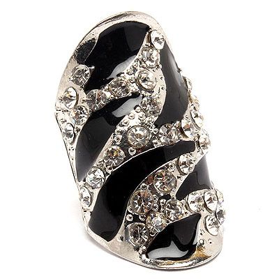   Crystal Black Enamel Gold Tone Zebra Stretch Adjustable Ring  