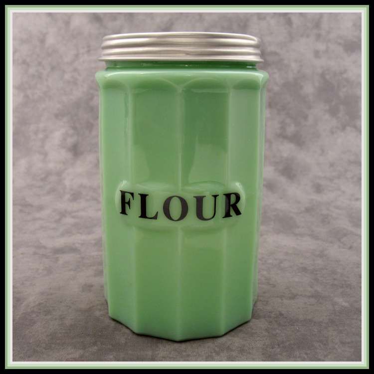 JADEITE GREEN GLASS TALL FLOUR CANISTER w/ Metal Lid ~COLUMN DESIGN 