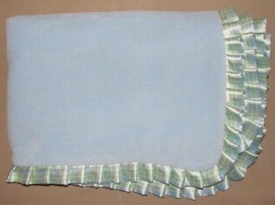 BABY GEAR Blue Fluffy BABY BLANKET Green White Satin PLAID Back 