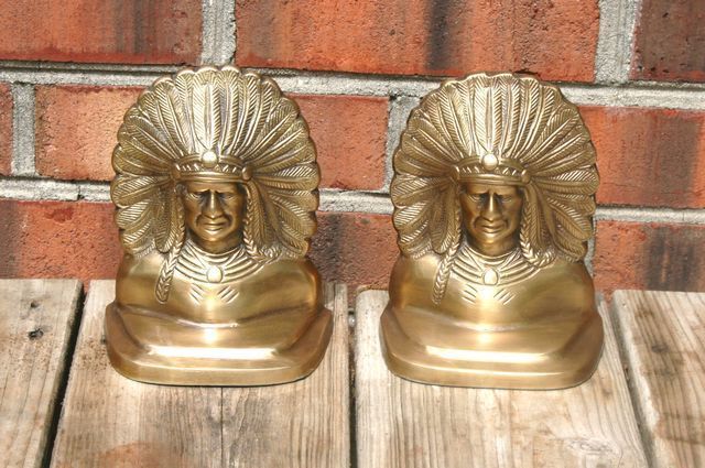 Pair Brass Indian Chief in Feather Head dress Book Ends  