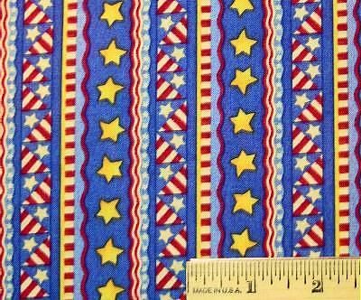 Patriotic novelty stripe in red, cream, blue and yellow. Tiny and 