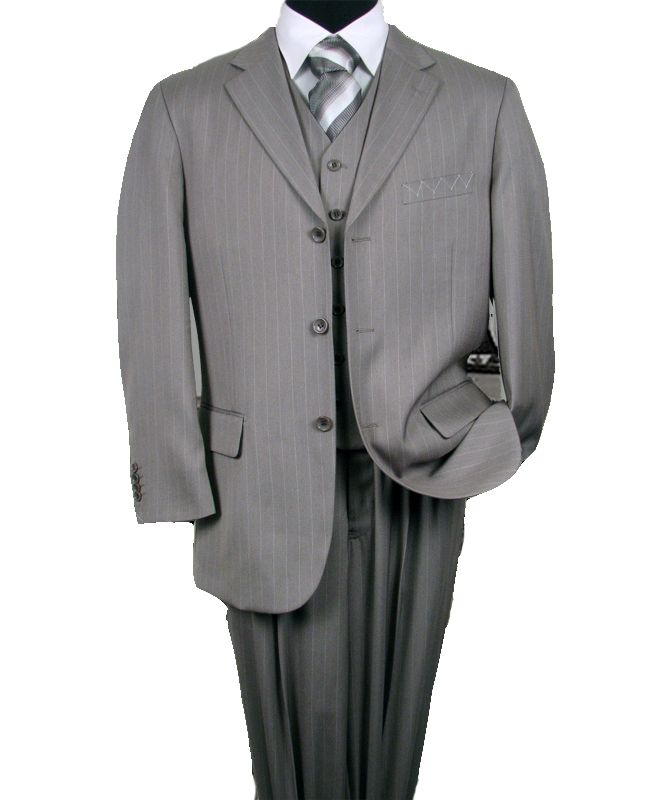 GRAY 3 PIECE PINSTRIPE 150S WOOL DESIGNER MENS SUIT 42R  