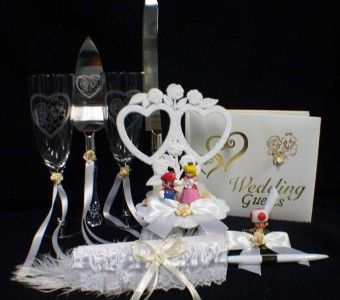 SUPER Mario Wedding Cake Topper LOT Glasses Knife server Guest book 