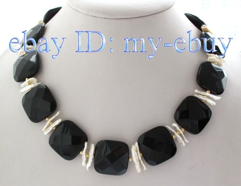 25mm Faceted Square Onyx White Biwa Pearl Necklace 20  