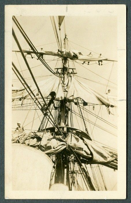 Photograph   Sailors Furling Sails on Square Mast Ship  