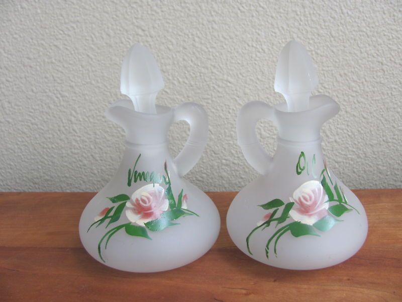 VINTAGE MILK GLASS OIL VINEGAR PITCHERS HAND PAINTED  