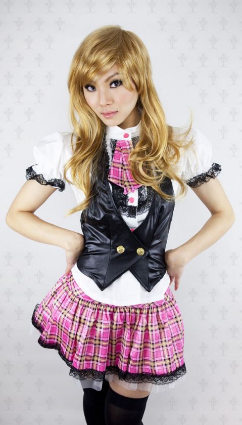 Japan Cosplay Sexy lace Pink plaid school Girl Costume  