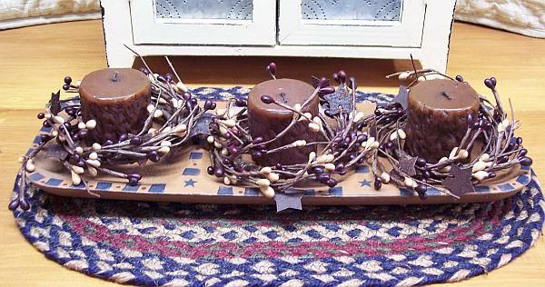 PRIMITIVE WOOD DIVIDED CANDLE TRAY WITH DOTS & STARS  